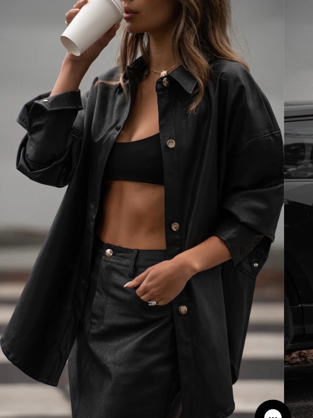 Oversized Black Vegan Leather Shirt Jacket